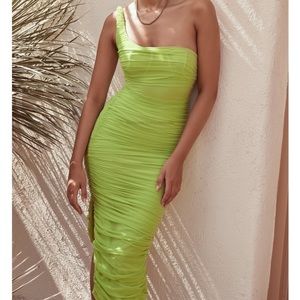 House Of CB Nia  Acid Green Ruched Midi Dress